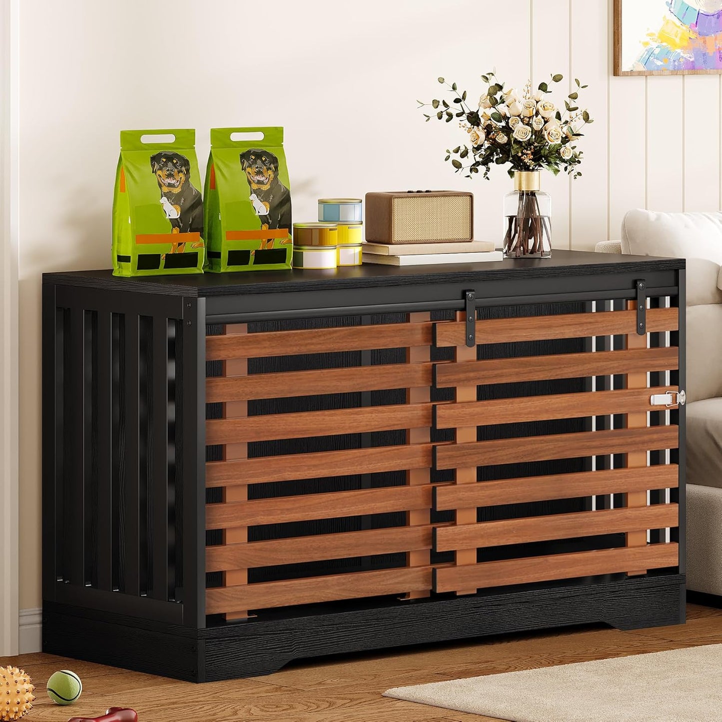 47 Inch Dog Crate End Table with Sliding Door, Heavy Duty Chew-Resistant Cage Furniture for Medium Large Dogs, Wooden Indoor Dog Kennel Furniture Decorative for Living Room, Black Walnut