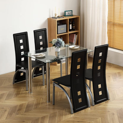 5-Piece Dining Table Set with 1 Glass Dining Table and 4 PVC Chairs, Modern Silver Dining Table Set for Kitchen & Breakfast Dining Living Room, Space Saving