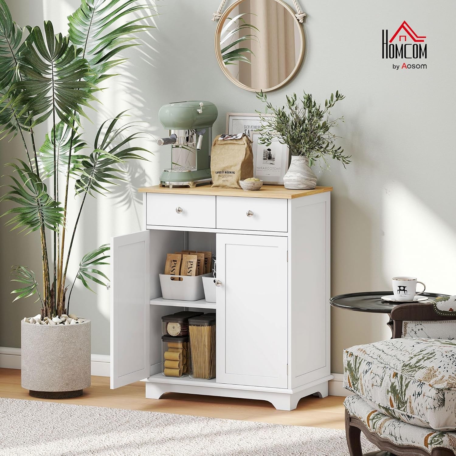Sideboard with Solid Wood Countertop, Modern Kitchen Storage Cabinet, Coffee Bar Cabinet with 2 Drawers, Doors and Adjustable Shelf, White