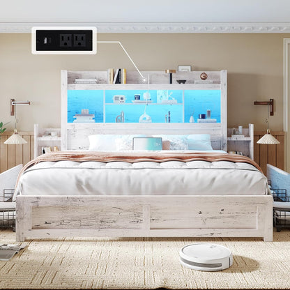 King Bed Frame with 49.6" Bookcase Headboard & 2 Bedside Stoage Racks & 4 Drawers, Farmhouse Wood Bed Frame with RGB LED & Charging Station, No Box Spring Needed, Distressed White