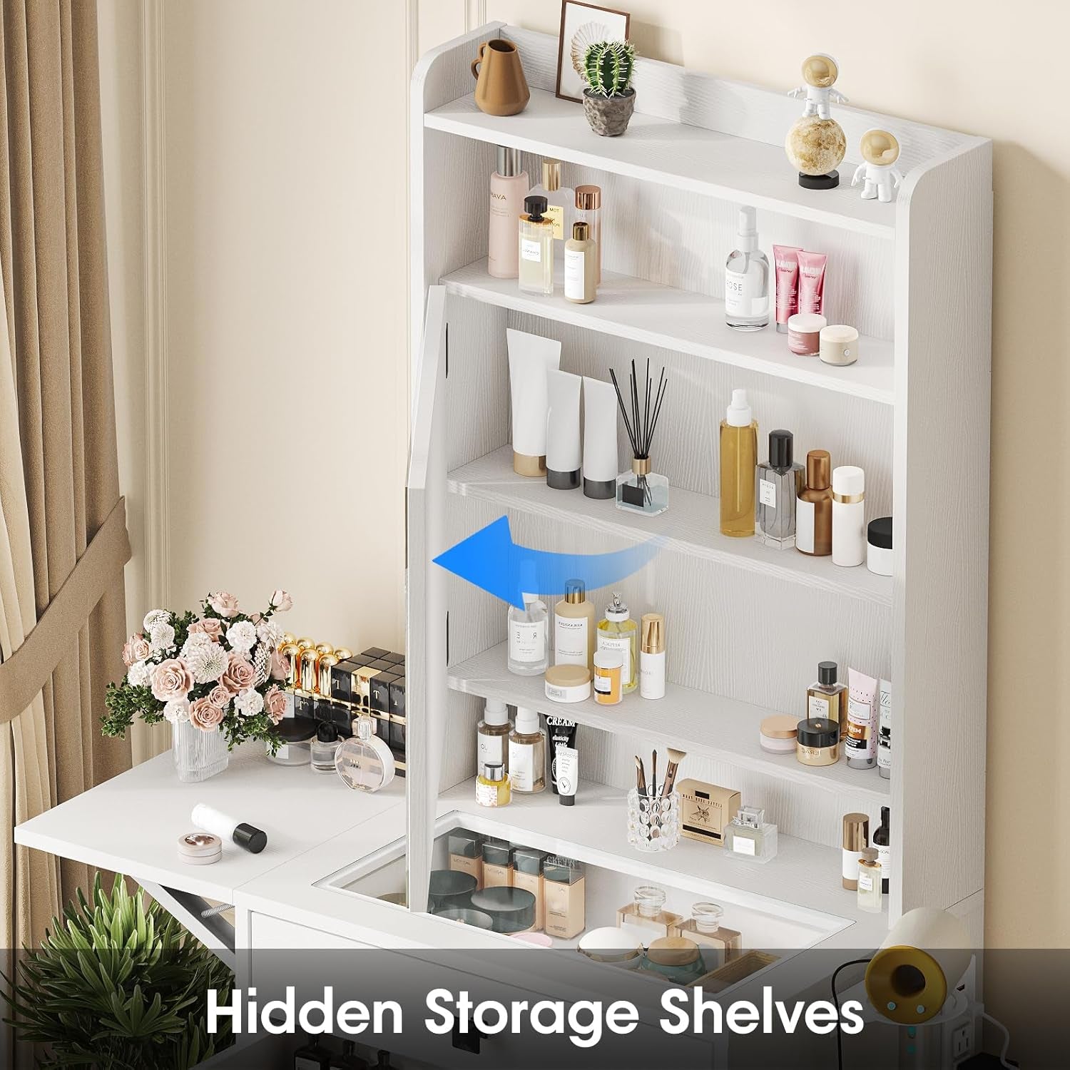 Small Makeup Vanity Desk with 3 Adjustable Lighted Mirror, White Vanity Set with Fold-Up Panel and Charging Station, Glass Top Dressing Table with Drawers and Chair, 2 Hidden Storage Shelves