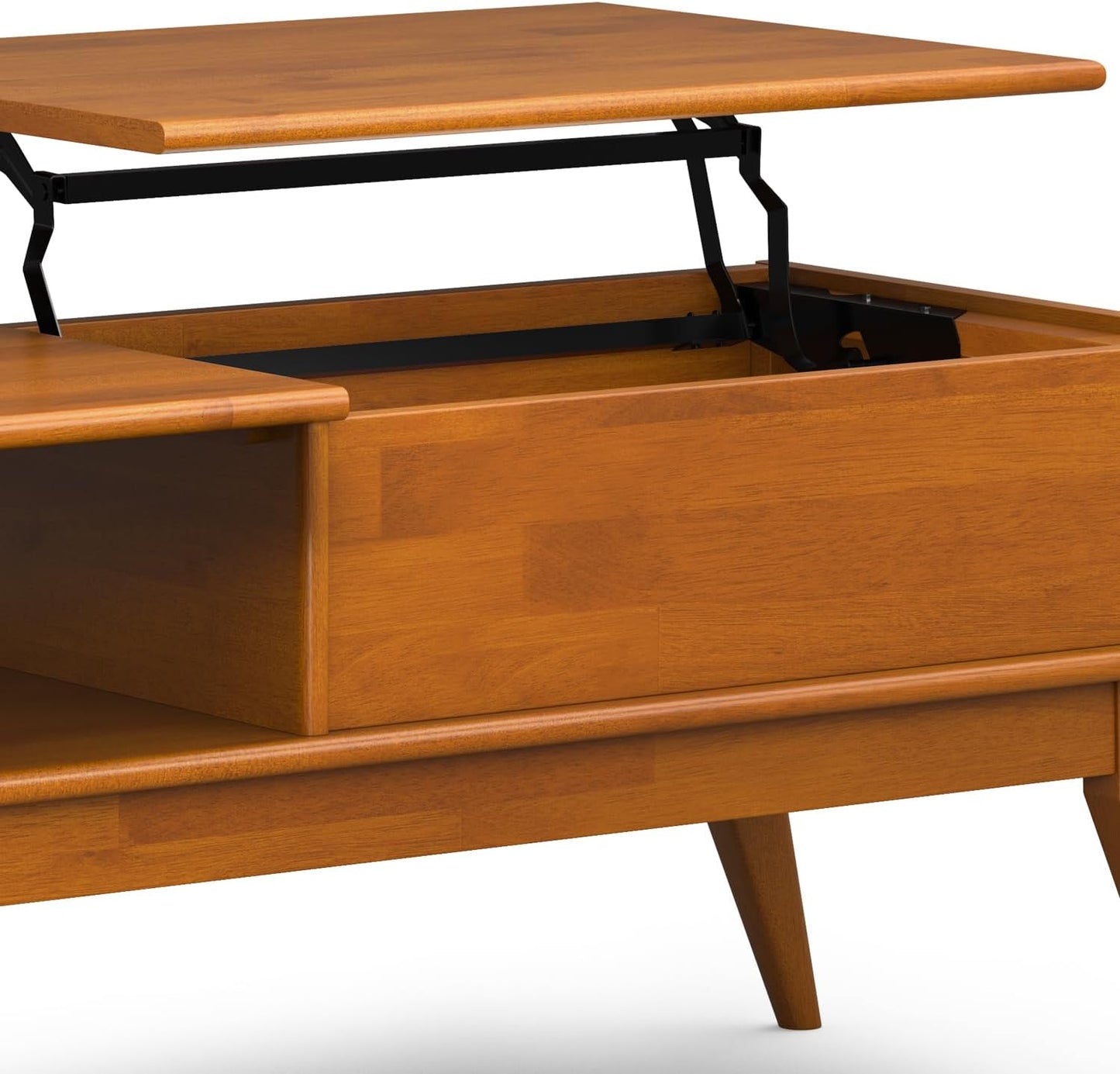 Draper Lift Top Coffee Table - 48 Inch Wide Solid Hardwood Mid-Century Modern Cocktail Table in Teak Brown, Functional Living Room Table with Storage Compartment, Open Shelf and Angled Legs