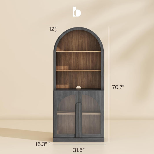 Arched Bookshelf with Glass Doors, 71" Tall Wood Display Cabinet with Adjustable Shelf and Hutch, 5 Tier Modern Bookcase Shelf with Storage for Living Room Office, Ebony