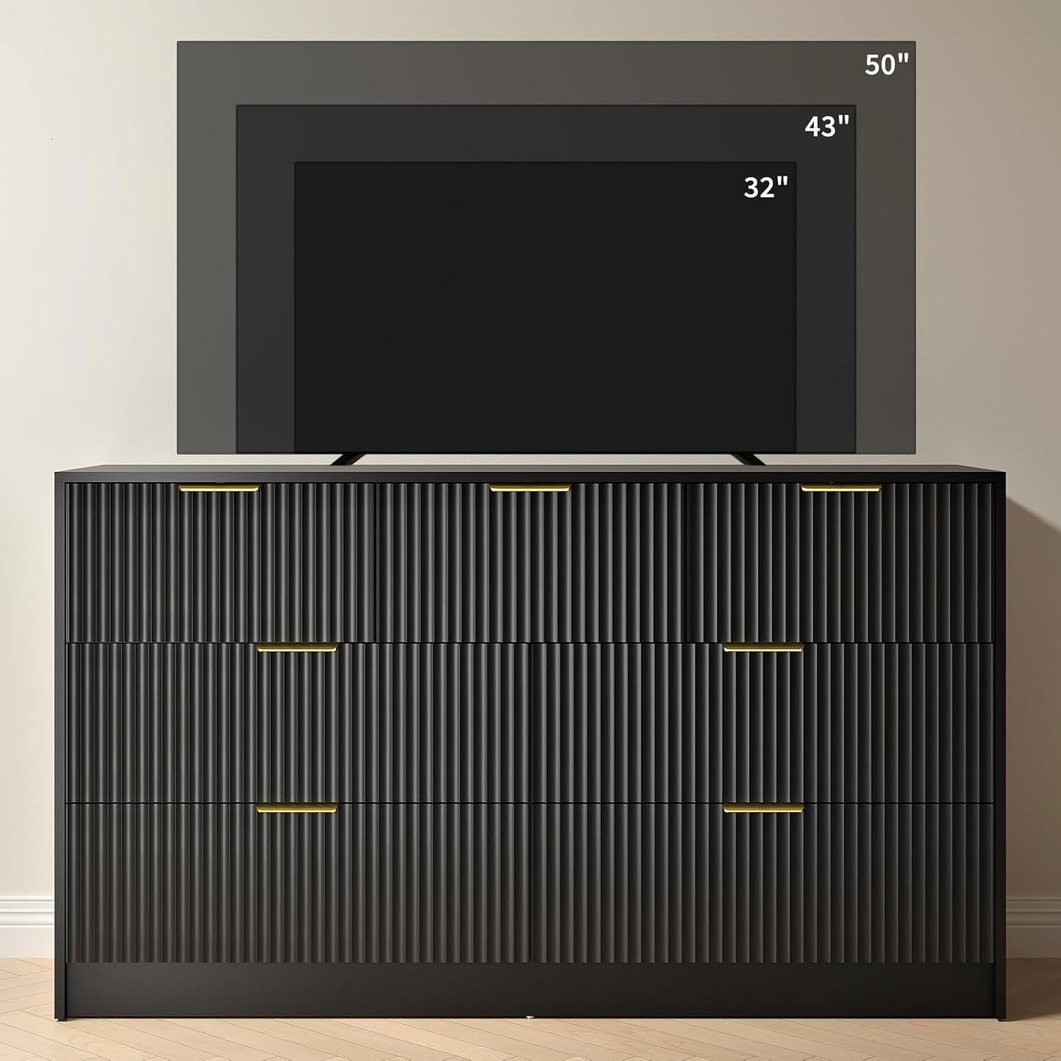 Black Dresser and Nightstand Sets, 7 Drawer Dresser Set for Bedroom 3 Piece, 55” Wide Fluted Wood Dressers W/Metal Handle & Night Stand Set of 2, Modern Bedroom Furniture Sets, Black