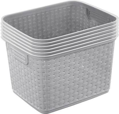 6-Pack Tall Weave Basket, Woven Plastic Storage Baskets for Organization, Cement Gray - Organizing Bin Containers with Handles for Bedroom, Bathroom, Dorm, Laundry Room, and Closet