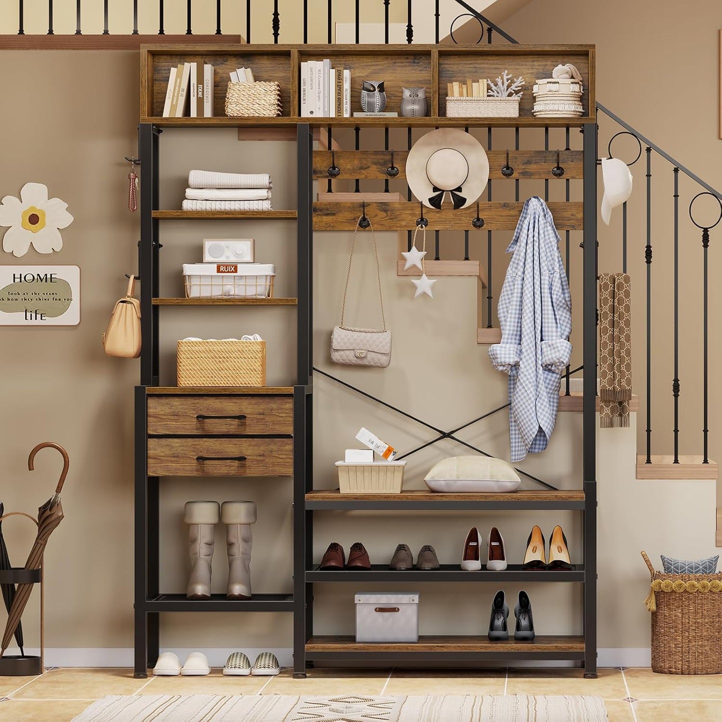 Hall Tree with Bench and Shoe Storage, 7-In-1 Entryway Bench with Coat Rack, 3 Storage Cubbies, 3 Open Shelves, 17 Coat Hooks, 2 Fabric Drawers (Rustic Brown)