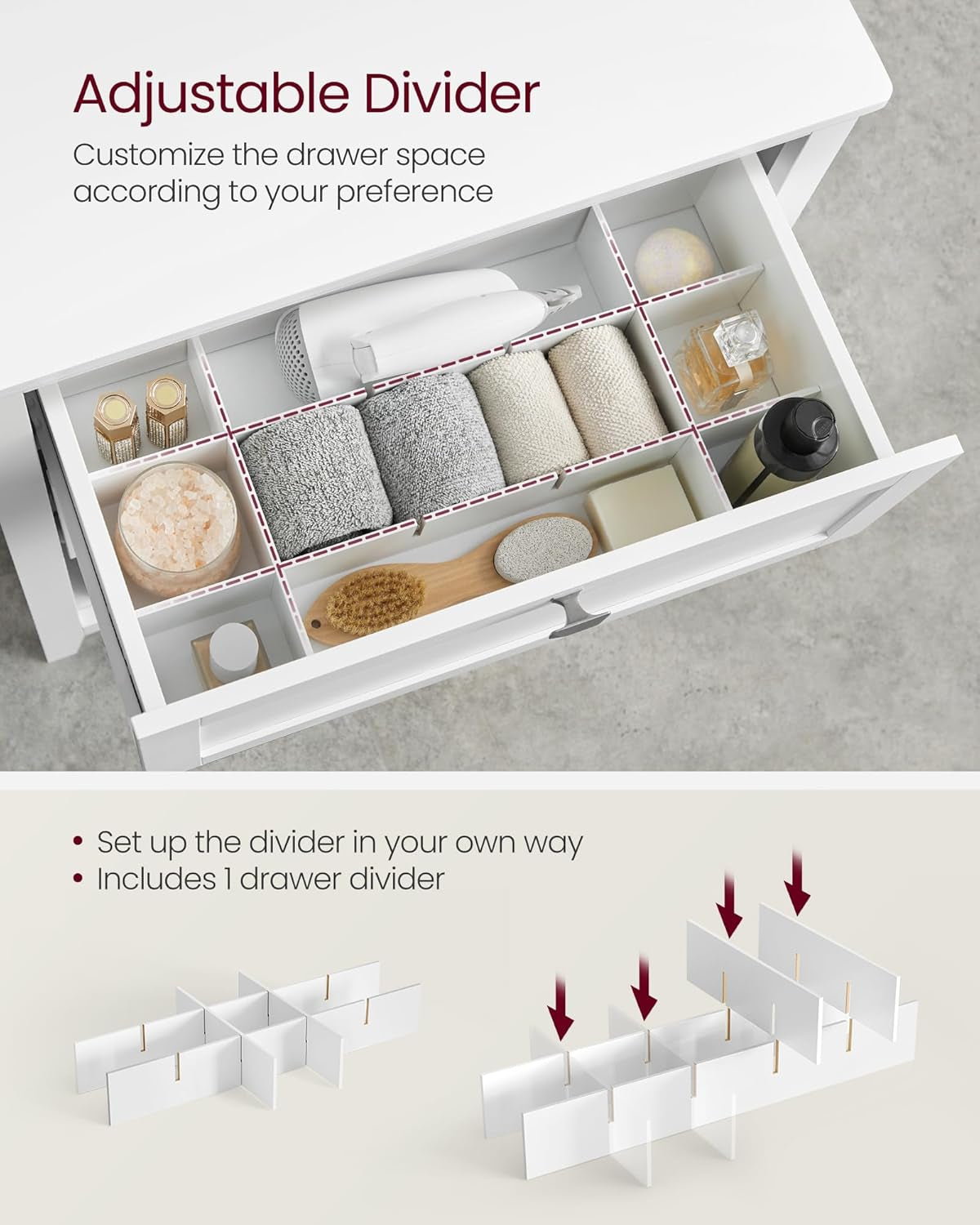 Bathroom Cabinet, Storage Cabinet and Bathroom Organizers, 2 Drawers with 1 Set of Adjustable Divider, 2 Baskets, Sideboard, 11.8 X 23.6 X 31.5 Inches, White UBBC545W02