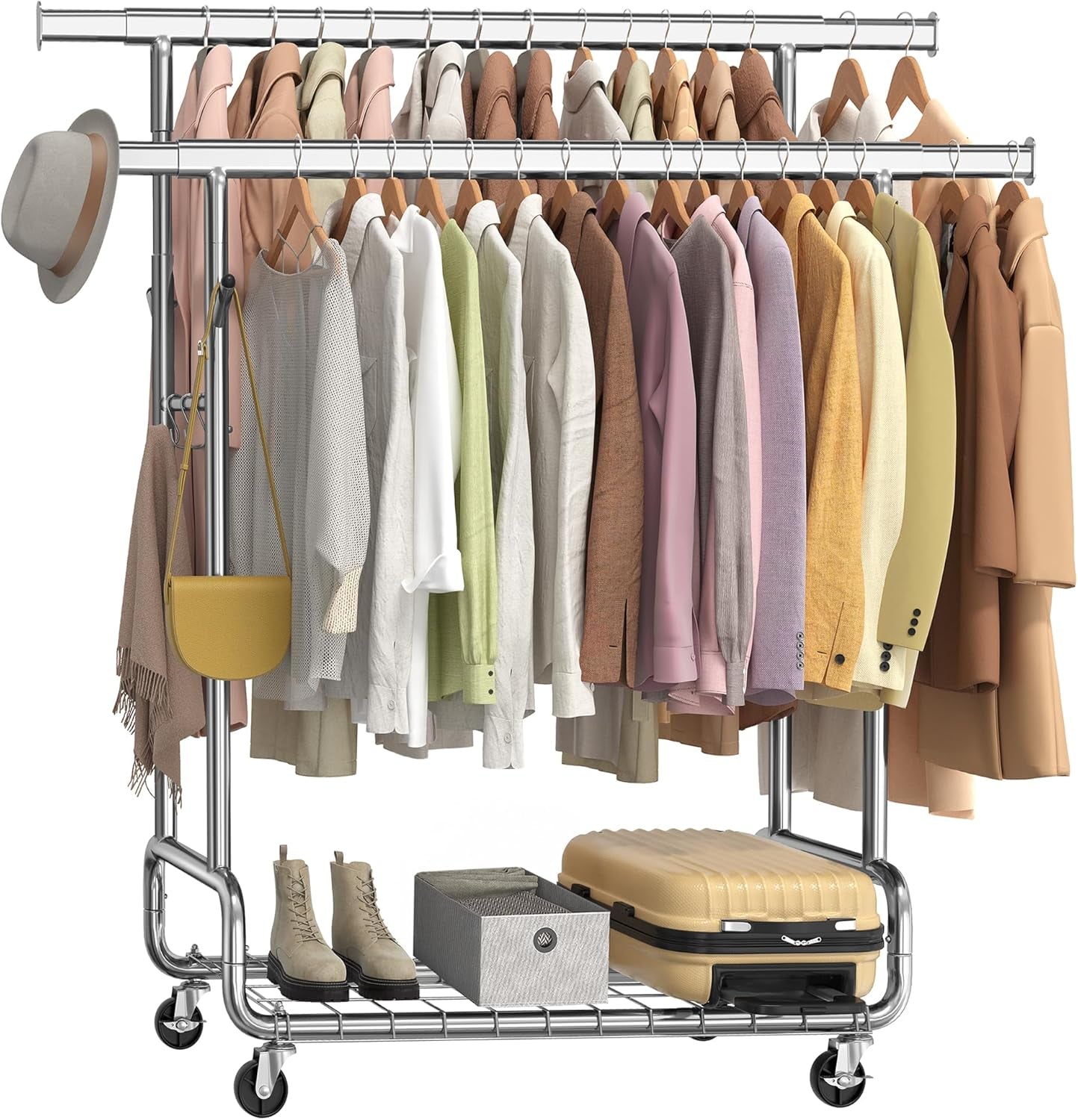 Clothes Rack, Heavy-Duty Rolling Clothing Garment Rack with Wheels, Extendable Double Hanging Rods and Adjustable Height, Portable, with Shelf and Hooks, Ink Black UHSR015B01