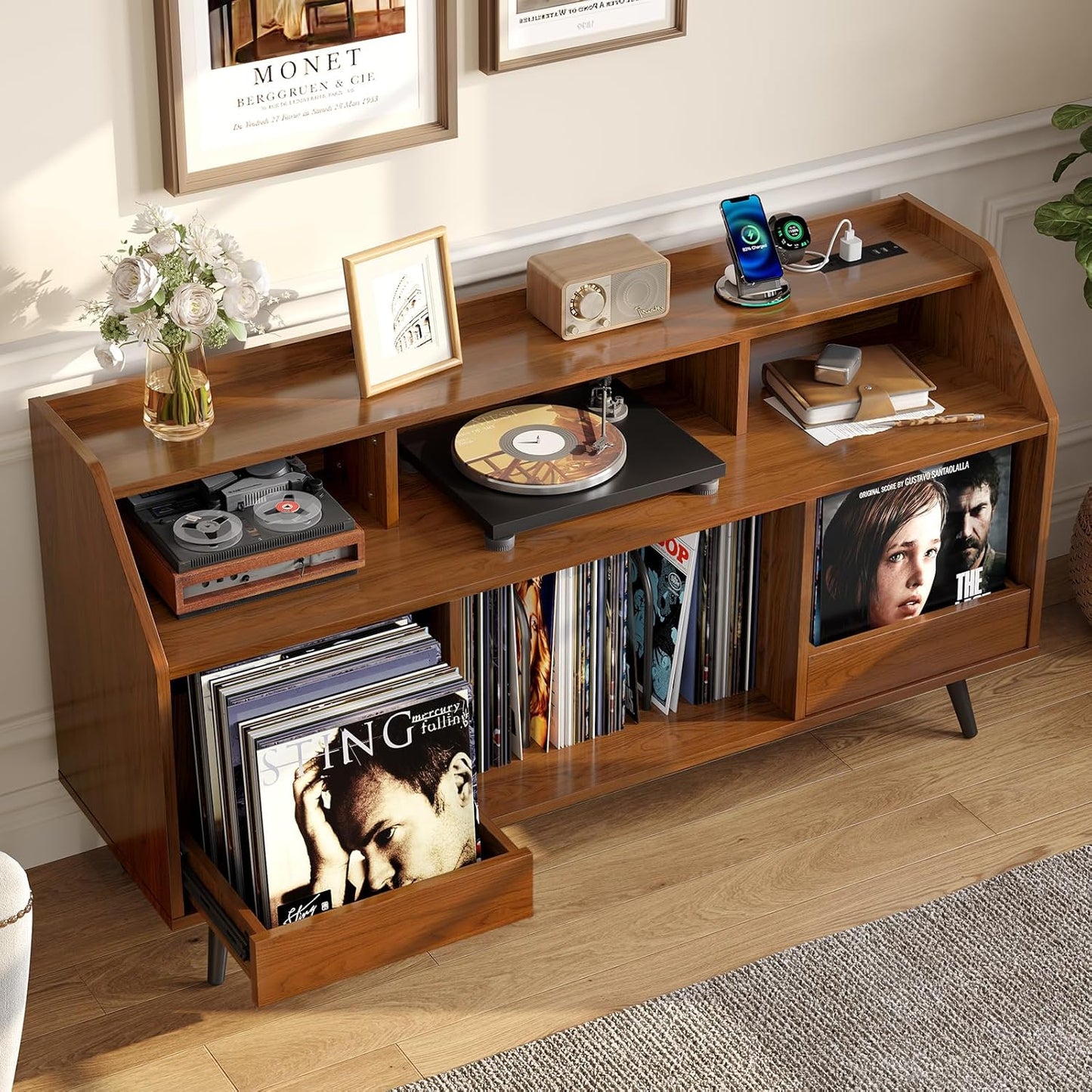 55 Inch Record Player Stand with LED Light, Modern Vinyl Record Storage Cabinet with 2 Drawers & Open Shelves, Holds up to 500 Albums, Turntable Stand W/Charging Station for Living Room Bedroom Walnut