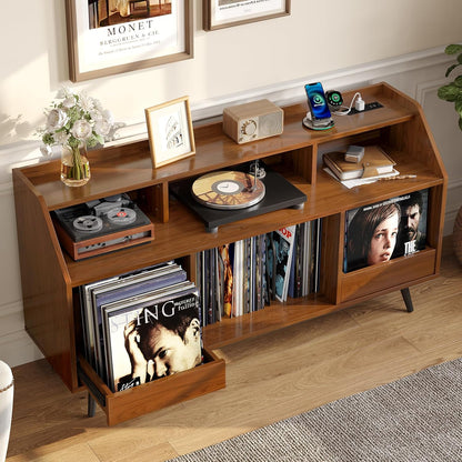 55 Inch Record Player Stand with LED Light, Modern Vinyl Record Storage Cabinet with 2 Drawers & Open Shelves, Holds up to 500 Albums, Turntable Stand W/Charging Station for Living Room Bedroom Walnut