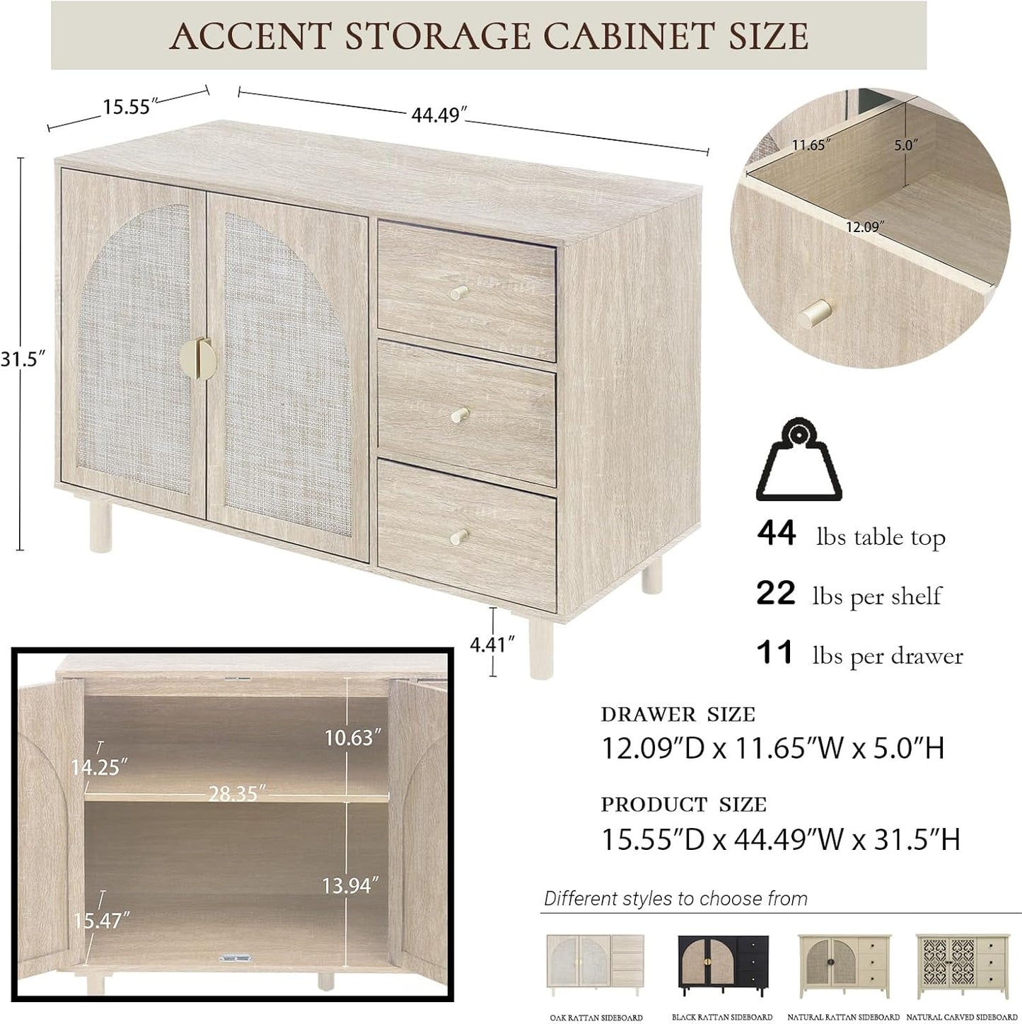 Beige Sideboard Buffet Cabinet, 2-Door and 3-Drawer Rattan Storage Cabinet, Coffee Bar with Adjustable Shelf, Accent Furniture for Living Room, Entryway, Home Office, Oak