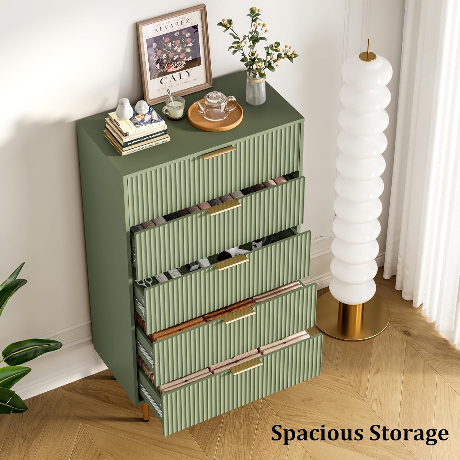 5 Drawers Dresser for Bedroom, Fluted Dresser Chest of Drawers with Handle, Wood Modern Dressers for Closet, Bedroom Furniture Storage Organizer for Living Room, Hallway