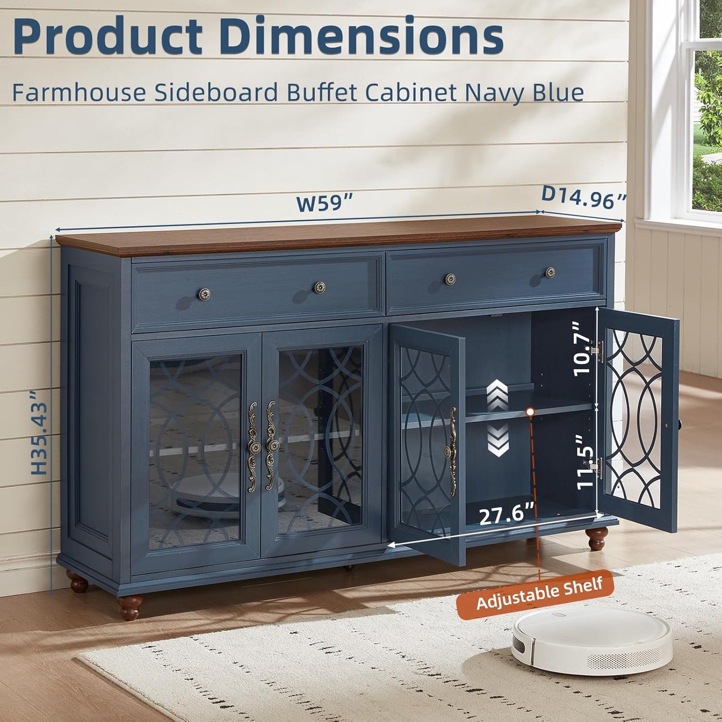 Farmhouse Sideboard Buffet Cabinet with Storage,59" Large Credenza with 4 Glass Doors & 2 Drawers,Adjustable Shelves Console Table,Wood Kitchen Coffee Bar for Dining Room,Living Room,Navy Blue