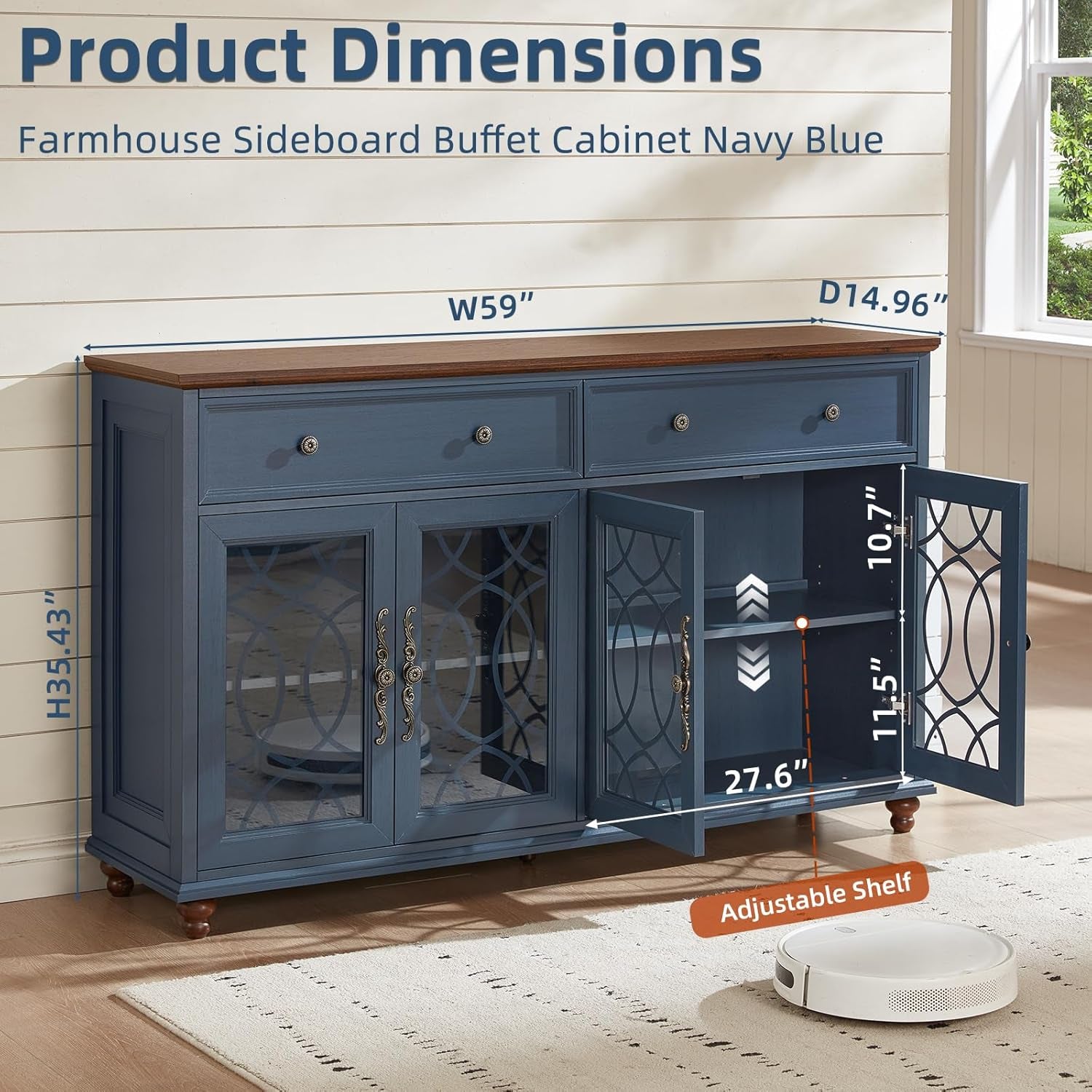 Farmhouse Sideboard Buffet Cabinet with Storage,59" Large Credenza with 4 Glass Doors & 2 Drawers,Adjustable Shelves Console Table,Wood Kitchen Coffee Bar for Dining Room,Living Room,Navy Blue