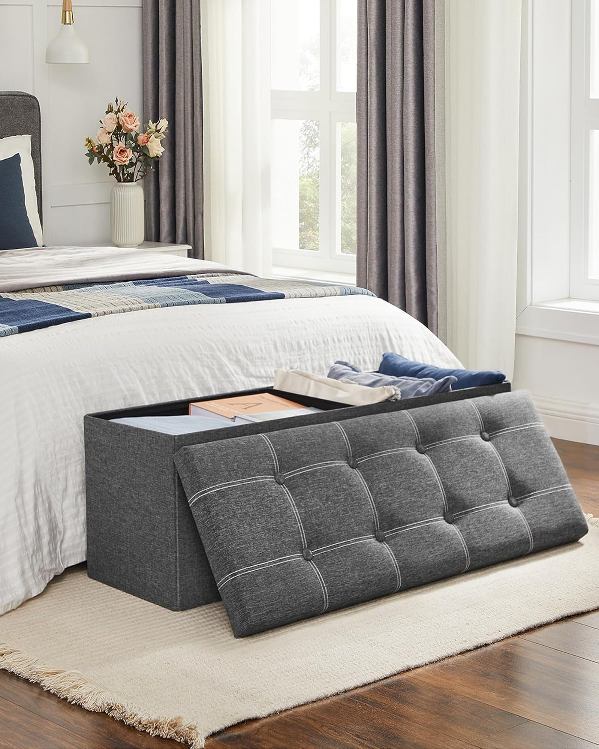 Mazie Collection - 43 Inches Ottoman Storage Bench, 35 Gal. Folding Chest with Breathable Linen-Look Fabric, Load up to 660 Lb, for Entryway, Living Room, Bedroom, Dark Gray ULSF077G04