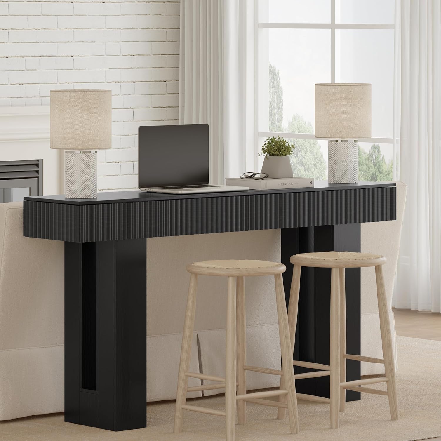 Farmhouse Entryway Table, 63" Long Fluted Console Table, Rustic Wooden Rectangular Sofa Table behind Couch, Modern Narrow Entry Table for Entrance, Hallway and Living Room, Modern Black