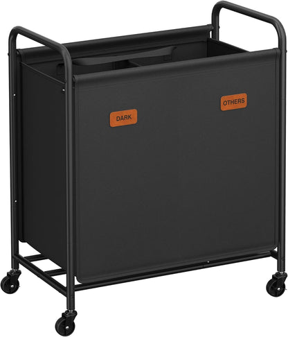 2-Section Laundry Sorter, Laundry Hamper with Wheels, Rolling Clothes Hamper Cart with Large Capacity and Removable Bags, for Laundry Room, Bedroom, Bathroom, Ink Black URLS210B01