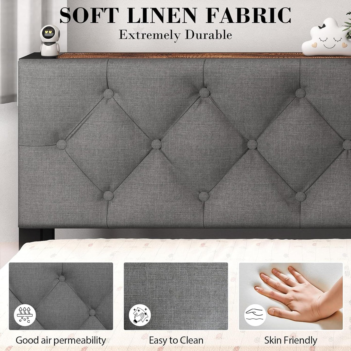 Twin Corner Bed Frame with Storage Bookcase and LED Lights, Twin Size Daybed with 2 Storage Drawers, Upholstered Platform Bed with Headboard and Charging Station, Rustic Brown & Gray