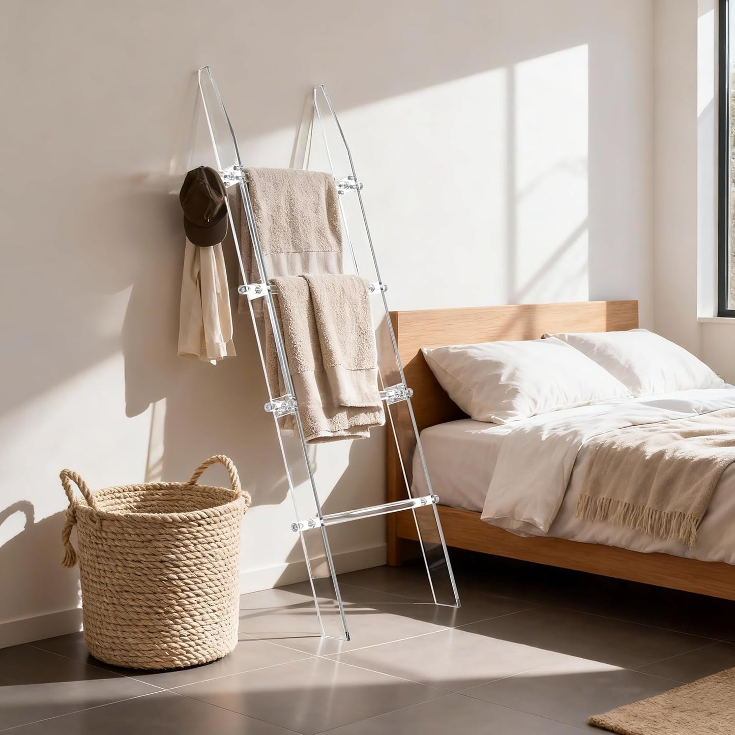 Blanket Ladder 5.6FT for Bathroom, 4 Tier Modern Decor Waterproof Blanket Holder for Living Room and Bedroom, Easy Assembly Clear Acrylic Ladder Shelf, Leaning Quilt Rack with anti Slip Pads