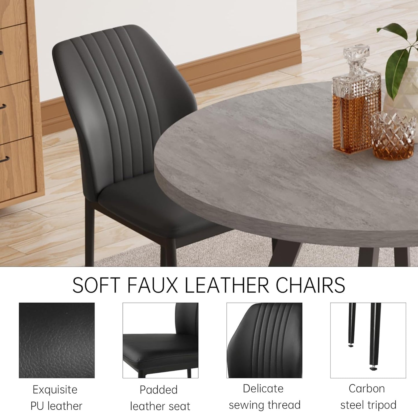 34.6'' round Dining Table and Chairs for 4, Mid Century Modern round Table Set, Space Saving for Apartment Kitchen Dining Room (Grey Table+4 Black Chairs)