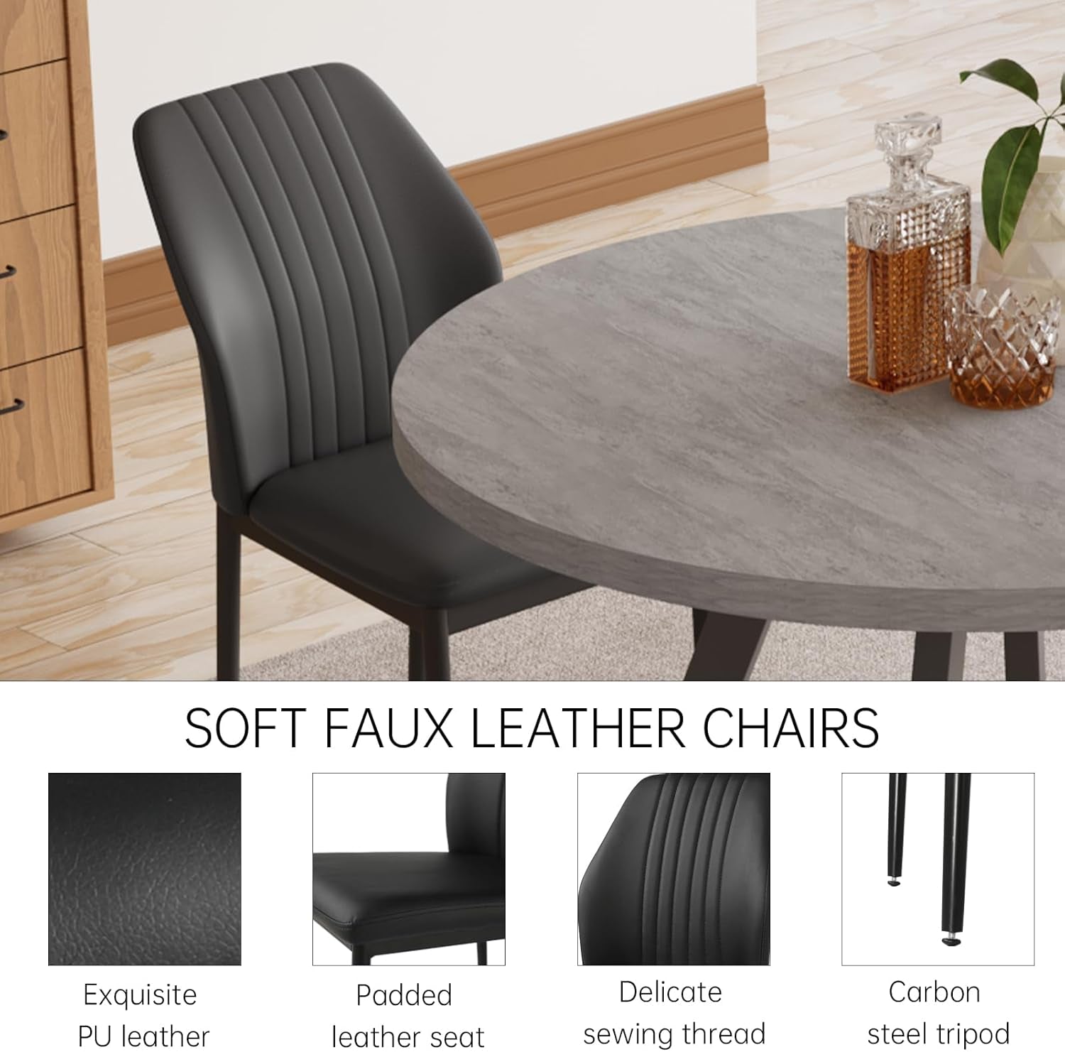34.6'' round Dining Table and Chairs for 4, Mid Century Modern round Table Set, Space Saving for Apartment Kitchen Dining Room (Grey Table+4 Black Chairs)