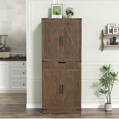 72" Kitchen Pantry Storage Cabinet with Doors and Shelves, Wood Farmhouse Pantry Storage with Barn Doors for Kitchen, Dining Room, Living Room, Dark Brown
