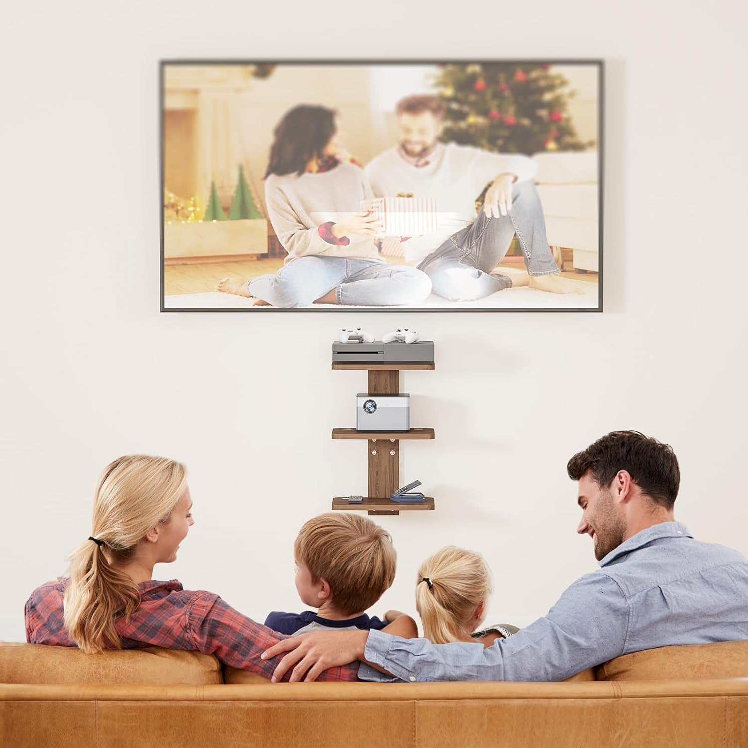 Floating TV Shelves for Wall, Projector Shelf Holds up to 22Lbs, Wooden Wall Mounted Shelves for DVD Players, Cable Boxes,Game Consoles, Living Room Decor Accessories (CS303N), 3 Shelf, Wood