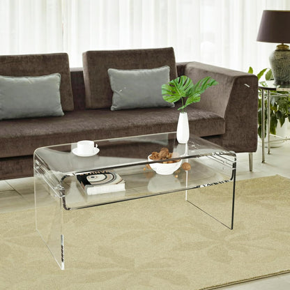 Acrylic Coffee Table, 31.5" Clear Coffee Table with Storage Shelf, Rectangle Centre Table, Modern Coffee Table for Living Room, Office，31.5" L X 15.8" W X 15" H