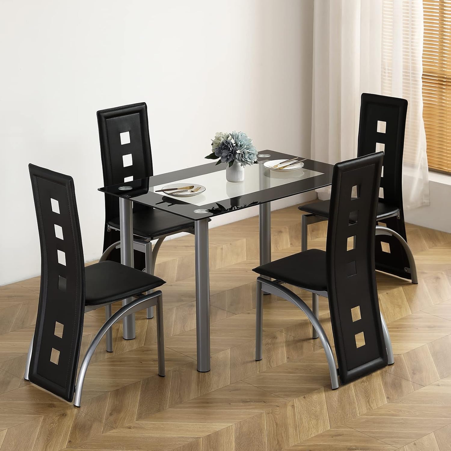 5-Piece Dining Table Set with 1 Glass Dining Table and 4 PVC Chairs, Modern Dining Table Set for Kitchen & Breakfast Dining Living Room, Space Saving, Black