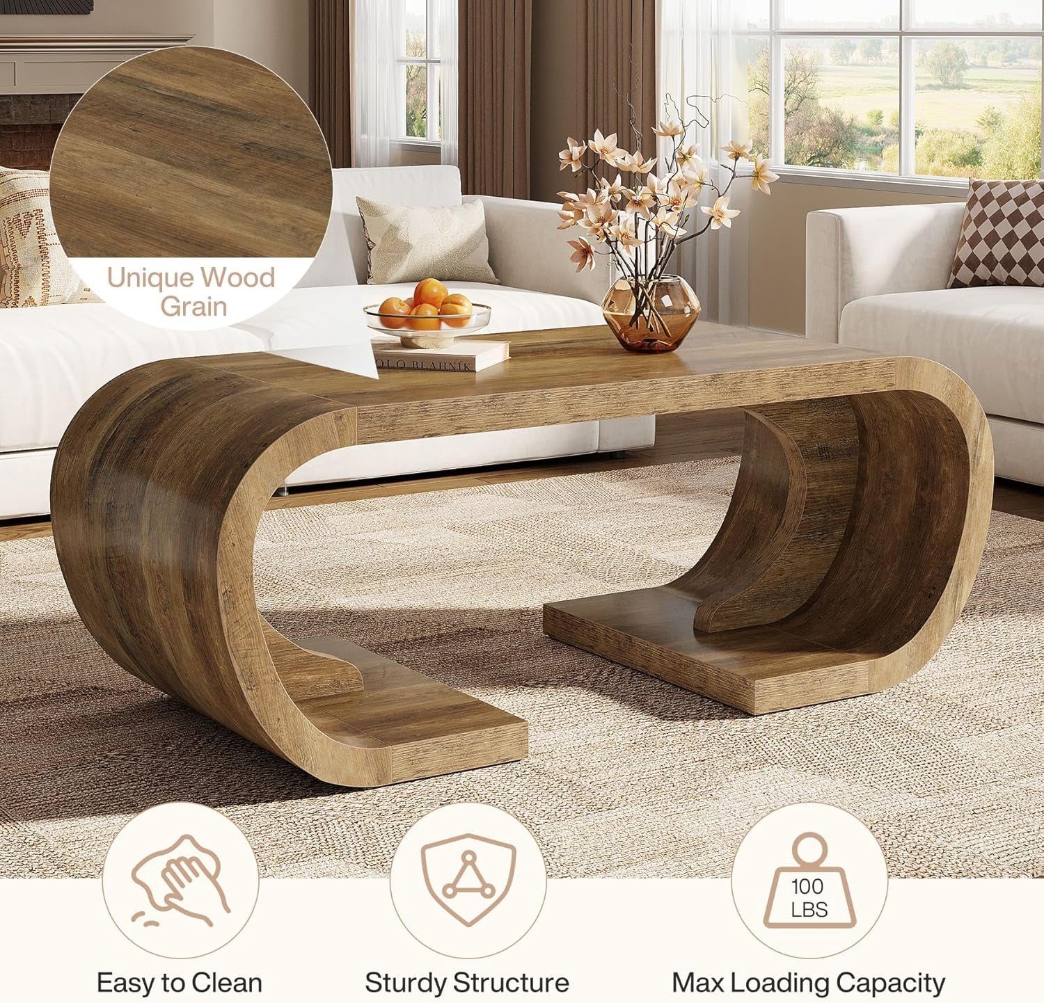 Farmhouse Coffee Table, 47" Heavy Duty C-Shaped Center Table with Curved Base, Large Tea Table for Living Room, Entertainment Room, Home Office, Rustic Brown