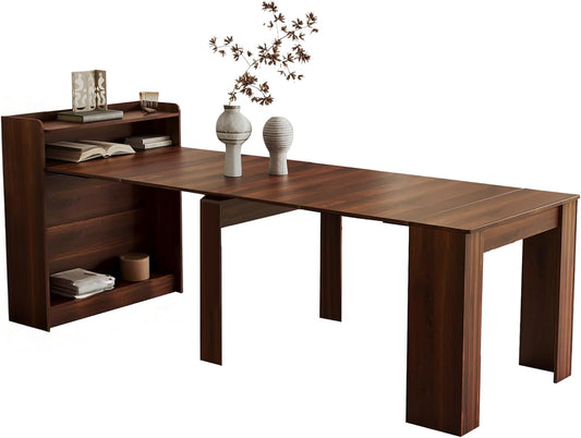 21''- 98.43'' Extendable Dining Room Table, Expandable Dining Table, Modern Large Table, for 2-9 Person(With Shelf), Walnut Brown