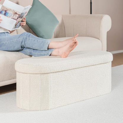 Ottoman with Storage for Living Room, Sherpa Folding Storage Ottoman Foot Rest, 43.3 Inches Collapsible Bedroom Bench White