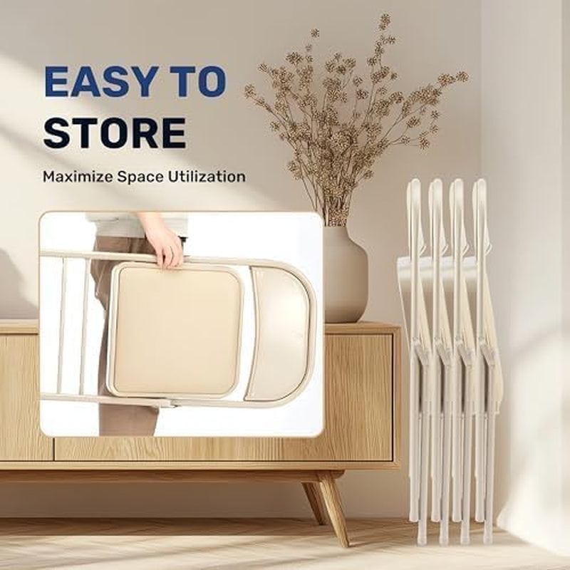 Folding Chairs 4 Pack with Vinyl-Padded Cushion and Back, Sturdy Metal Steel Foldable Chair, Portable Stackable Commercial Guest Seat for Indoor/Outdoor Events, Home, Office Use, Khaki