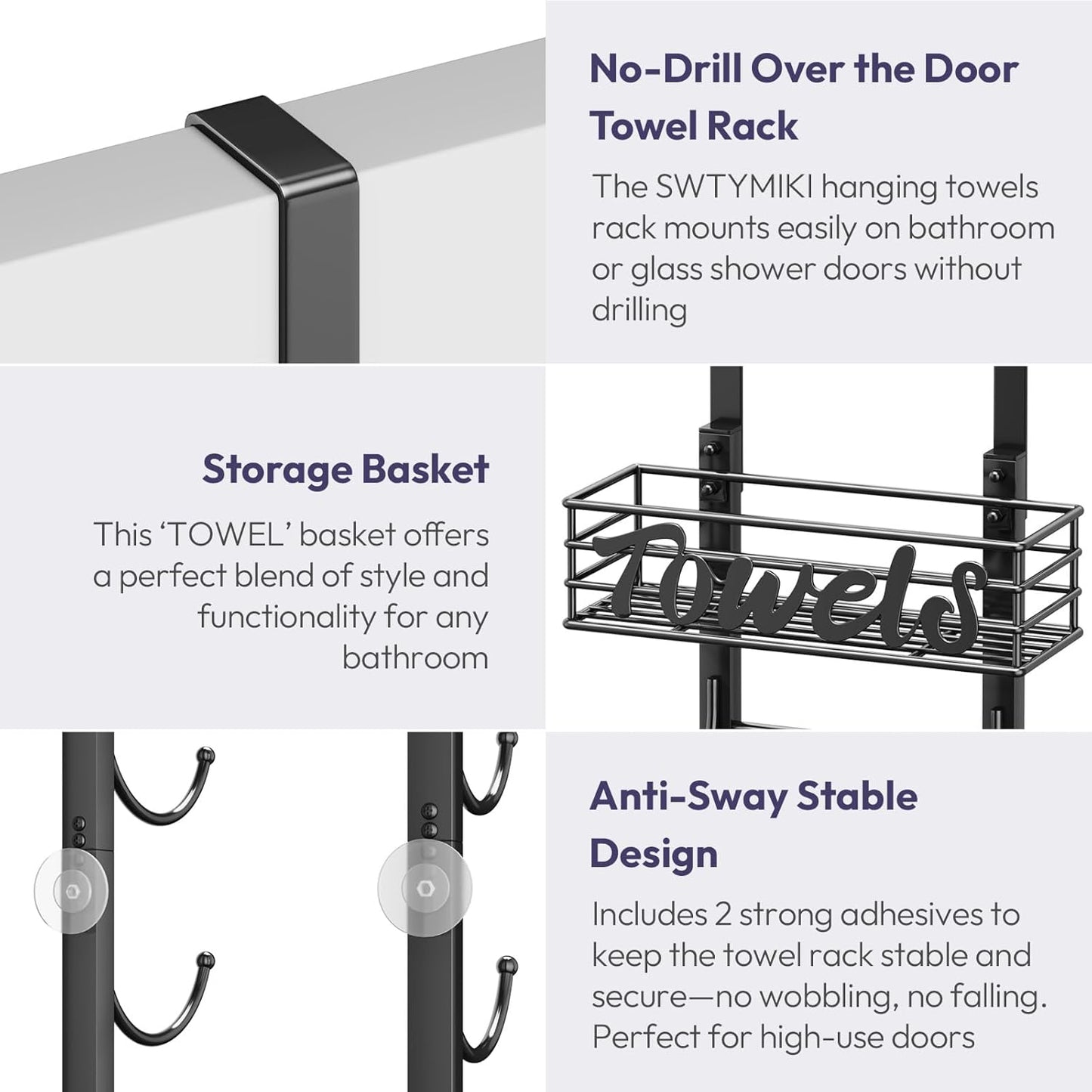 Hanging Towel Racks for Bathroom - 9 Tier over the Door & Wall Mounted Bath Rolled Towel Storage Organizer Holder for Small Bathroom, RV, Camper, Black (Patented)