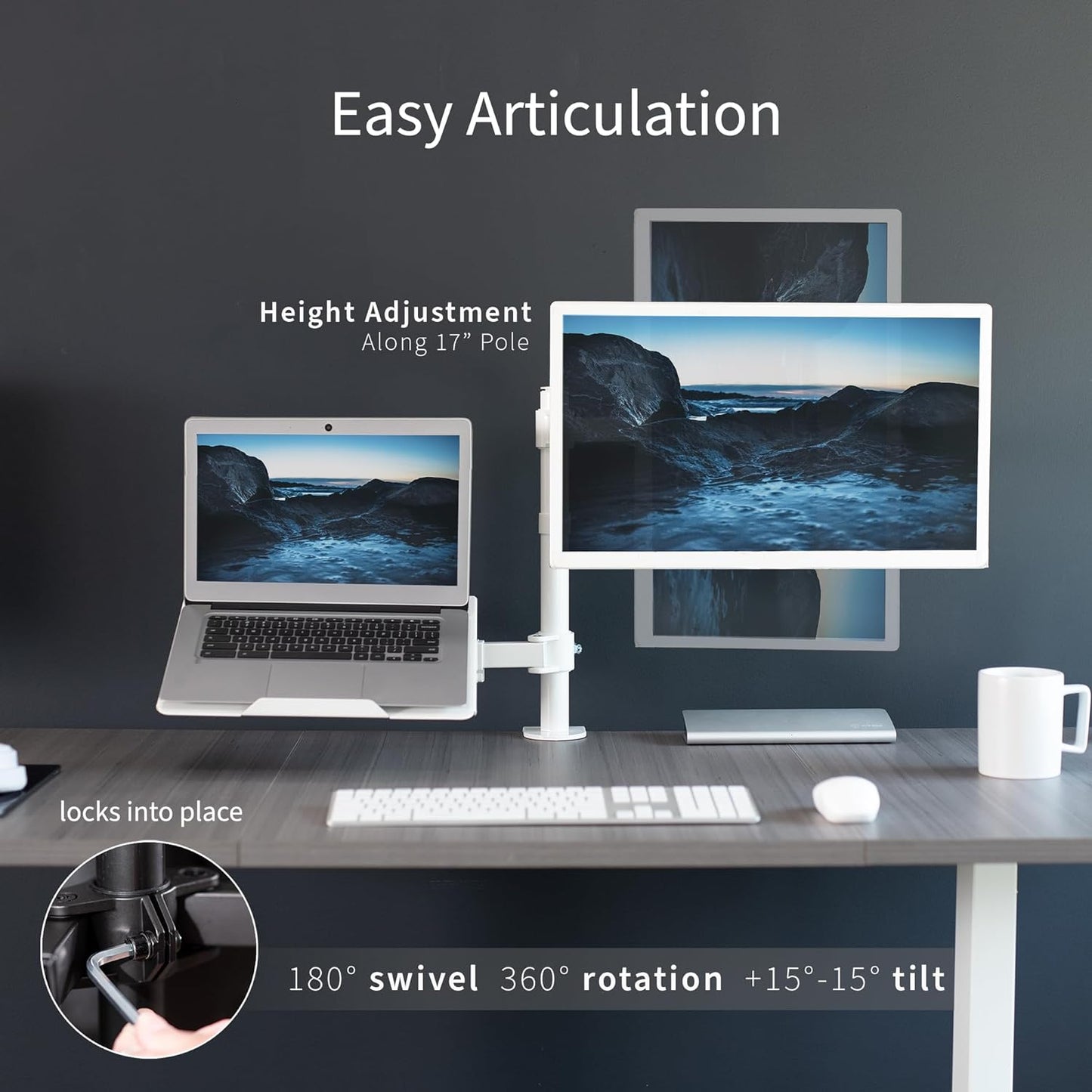 Fully Adjustable 13 to 32 Inch Single Computer Monitor and Laptop Desk Mount Combo, Stand with Grommet Option, Fits up to 17 Inch Laptops, White STAND-V002CW