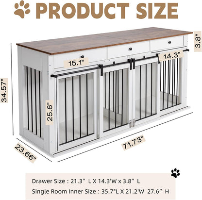 Dog Crate Furniture Large Breed Wooden Dog Kennel with Room Divider & 3 Drawer,Double Doors Heavy Duty Dog Crate End Table Indoor TV Stand for Small Medium Large Dog,72''W*24''D*35''H,White
