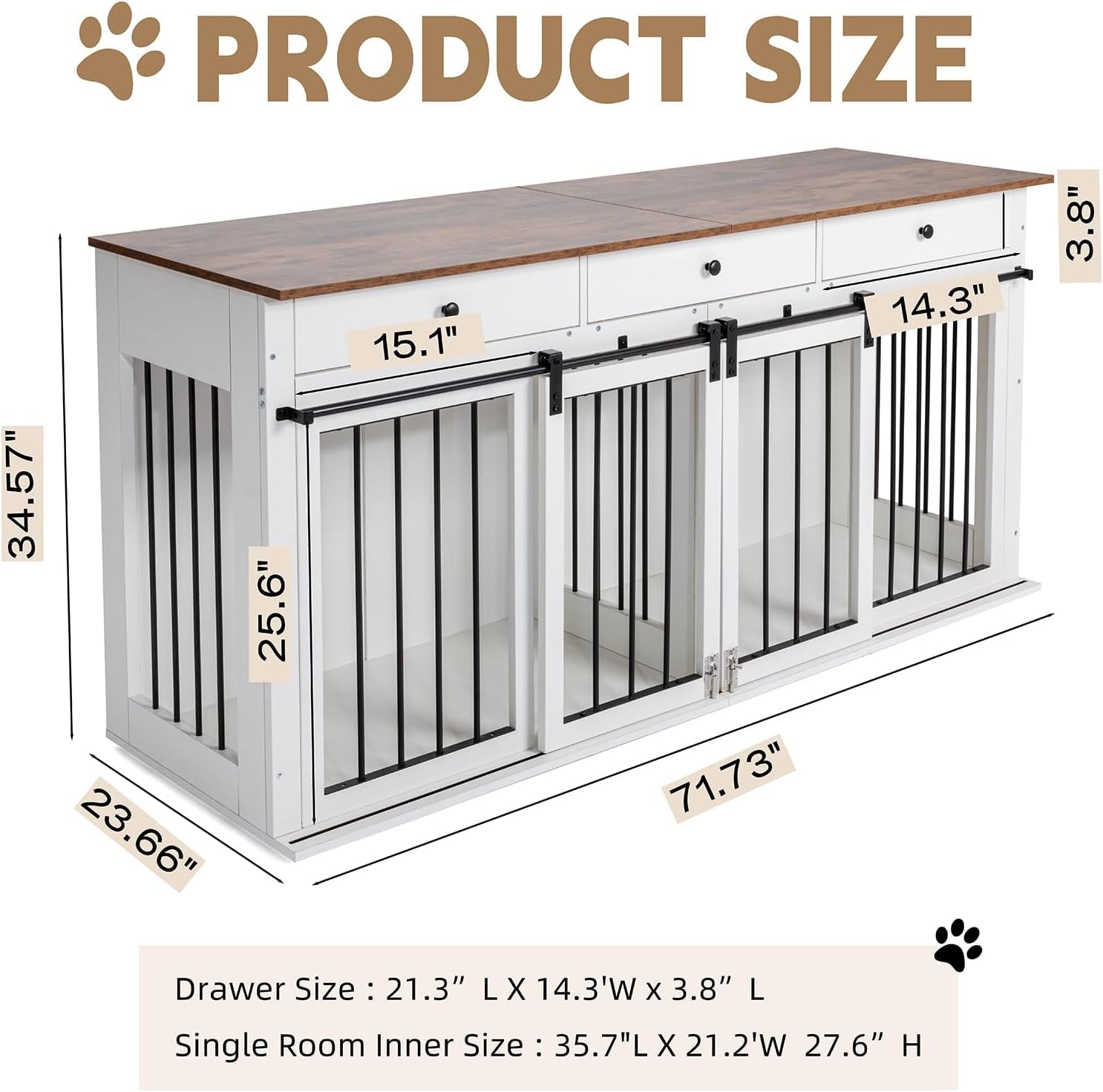 Dog Crate Furniture Large Breed Wooden Dog Kennel with Room Divider & 3 Drawer,Double Doors Heavy Duty Dog Crate End Table Indoor TV Stand for Small Medium Large Dog Black,72''W*24''D*35''H