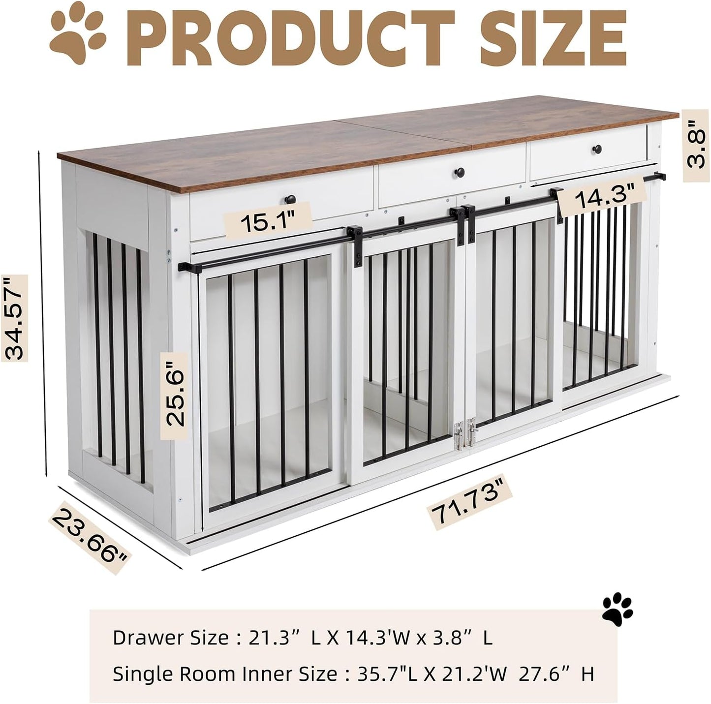Dog Crate Furniture with Divider,Wooden Dog Kennel End Table,Large Breed Dog House Indoor for One Large Dog or Two Small Dogs,Double Doors,47''W*24''D*35''H,White