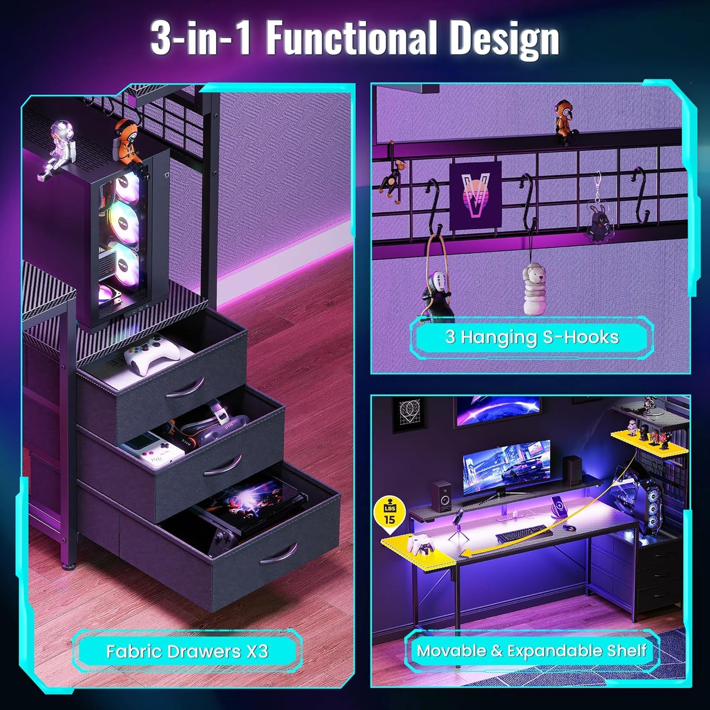 61.7" Gaming Desk with LED Lights & Outlets, Computer Desk with 3 Fabric Drawers, PC Desk with PC Case Stand & Movable Storage Shelves, Monitor Stand, Reversible, Carbon Fiber Black