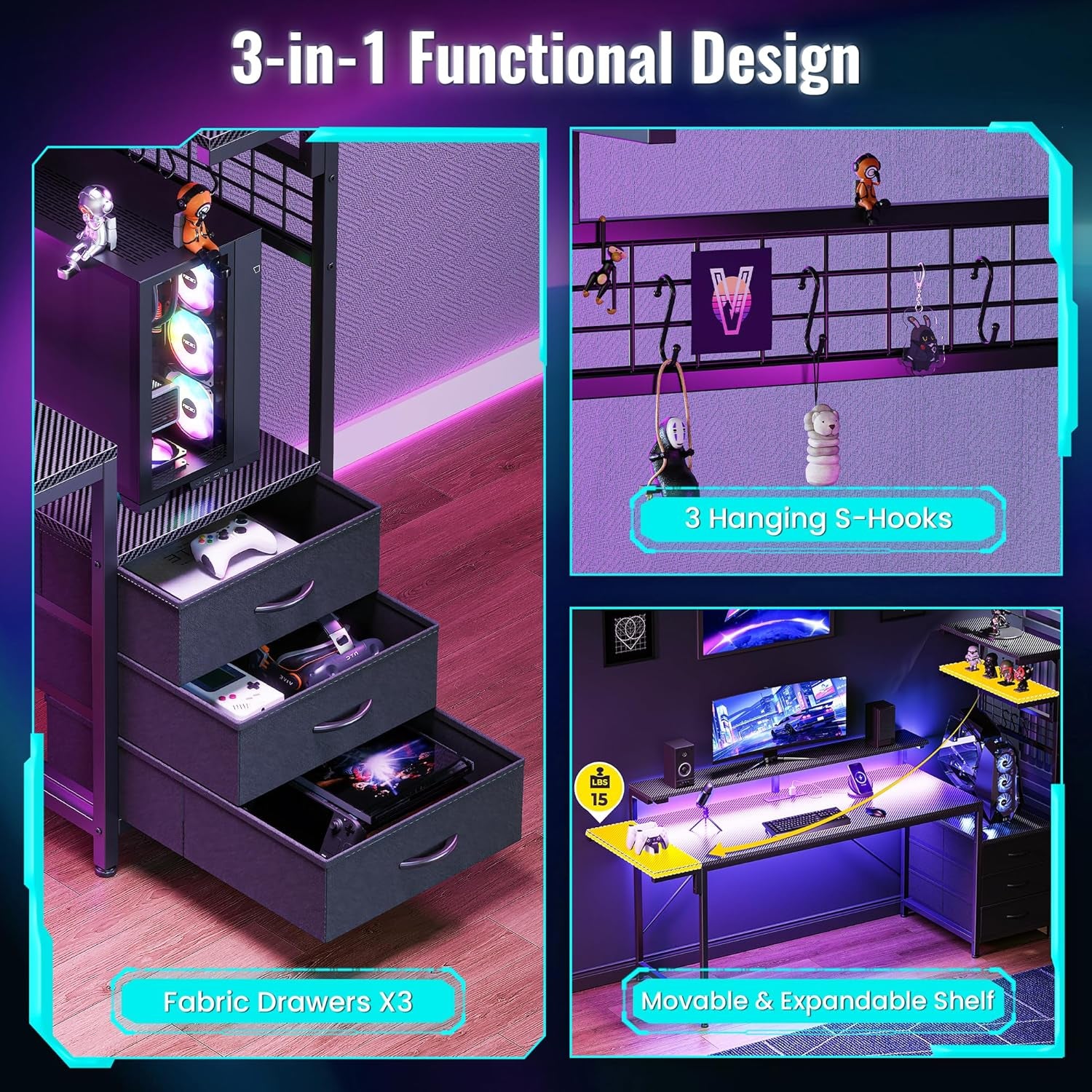 61.7" Gaming Desk with LED Lights & Outlets, Computer Desk with 3 Fabric Drawers, PC Desk with PC Case Stand & Movable Storage Shelves, Monitor Stand, Reversible, Carbon Fiber Black