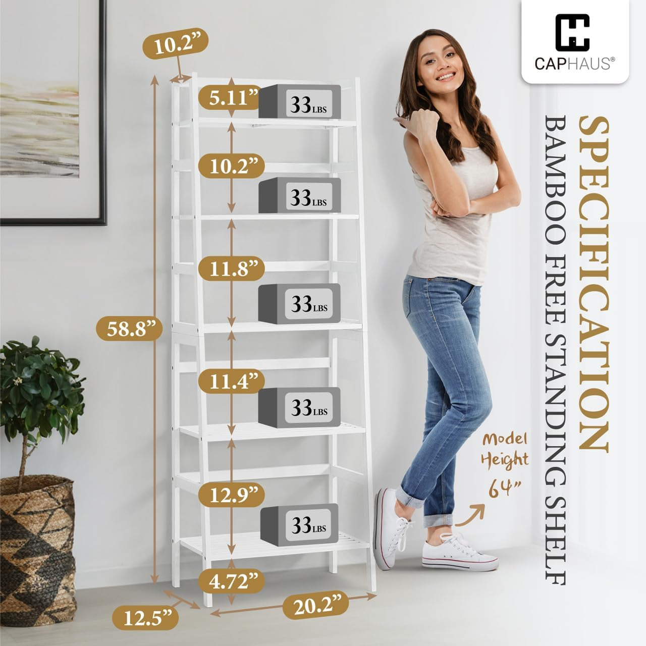 Bookshelf, 5-Tier Ladder Shelf, Floor Bookcase with Bamboo Frame,Freestanding Storage Shelves Corner Shelf, for Living Room,Home Office,Bedroom,Kitchen,Bathroom,Plant Stand,White