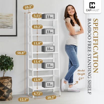 Bookshelf, 5-Tier Ladder Shelf, Floor Bookcase with Bamboo Frame,Freestanding Storage Shelves Corner Shelf, for Living Room,Home Office,Bedroom,Kitchen,Bathroom,Plant Stand,White