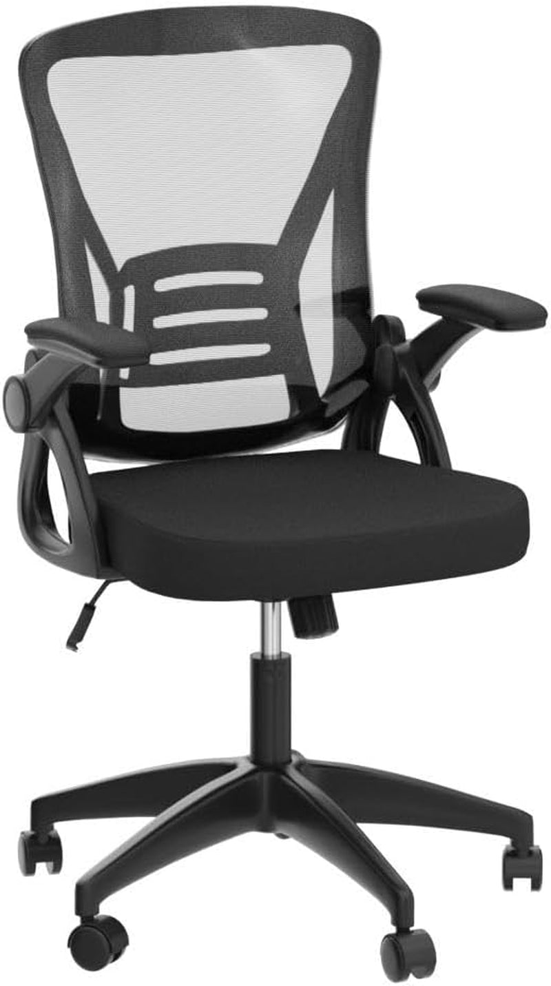 Ergonomic Office Chair, Mid Back Desk Chairs with Adjustable Height, Swivel Chair with Flip-Up Arms and Lumbar Support, Breathable Mesh Computer Chair for Home/Study/Working, Dark Black