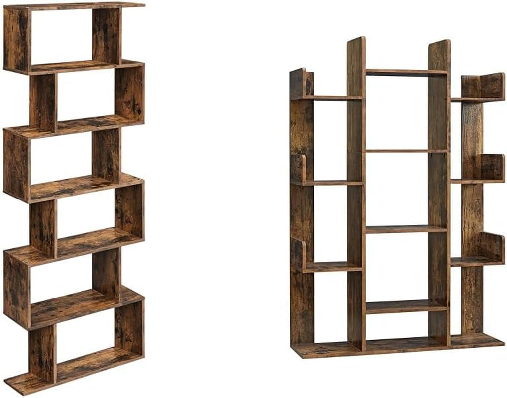 6-Tier Bookshelf, Tall Display Shelf, Freestanding Storage Shelf, Rustic Brown ULBC61BX Tree-Shaped Bookcase with 13 Storage Shelves, 9.8”D X 33.9”W X 55.1”H, Rustic Brown ULBC67BXV1