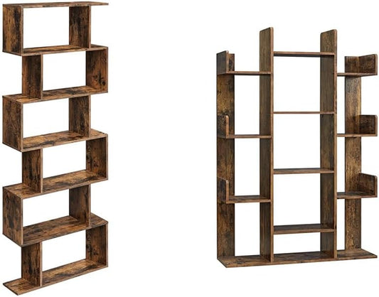 6-Tier Bookshelf, Tall Display Shelf, Freestanding Storage Shelf, Rustic Brown ULBC61BX Tree-Shaped Bookcase with 13 Storage Shelves, 9.8”D X 33.9”W X 55.1”H, Rustic Brown ULBC67BXV1