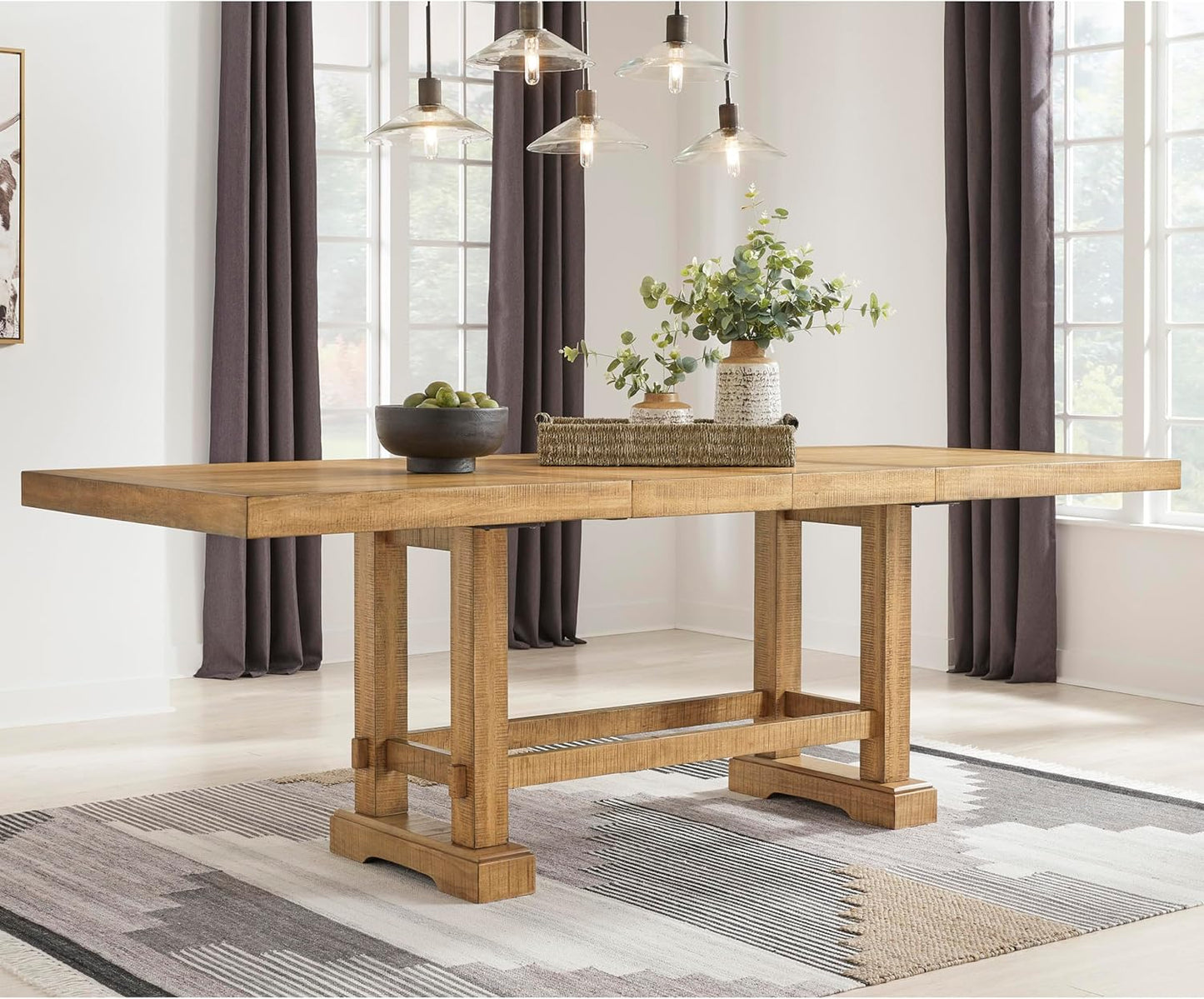 Havonplane Rustic Distressed Counter Height Dining Extension Table with Removable Center Leaf and Double Trestle Base, Light Brown