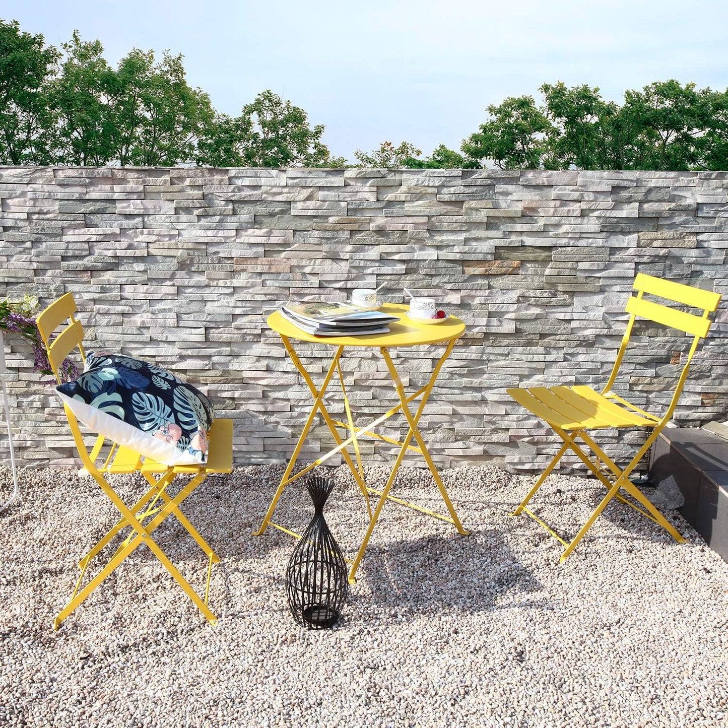 3-Piece Folding Bistro Set, 2 Chairs and 1 Table, Weather-Resistant Outdoor/Indoor Conversation Set for Patio, Yard, Garden-Yellow