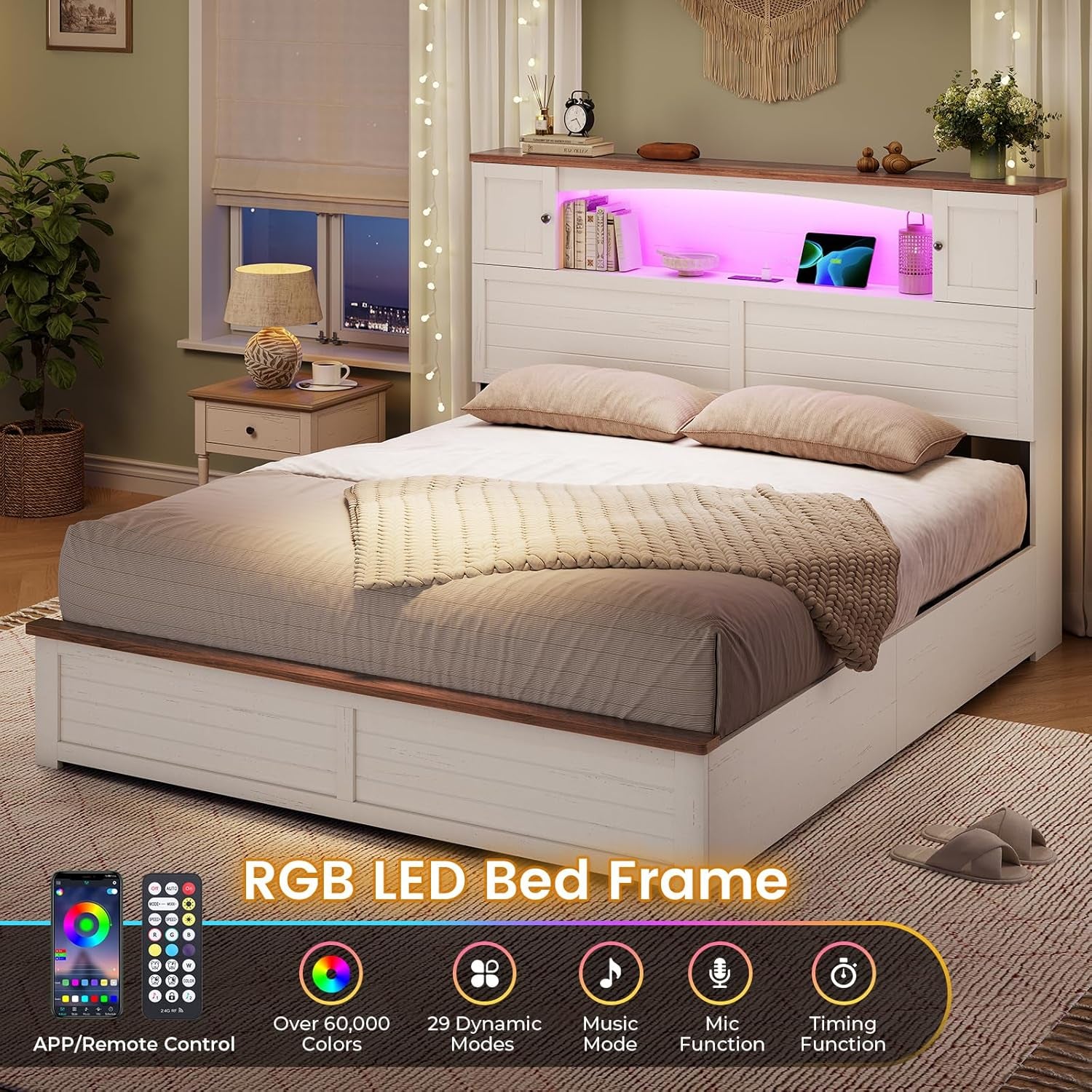 Farmhouse Bed Frame Full Size with Bookcase and Storage Cabinets Headboard, Wood Platform Bed with LED Lights, Charging Station, 4 Drawers, Decoration Footboard, No Box Spring Needed, White