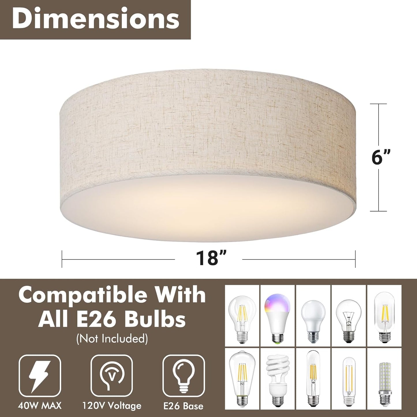 18-Inch Large Flush Mount Ceiling Light Fixture with Fabric Shade, Modern Drum Closed to Ceiling Lighting for Living Dining Room, Bedroom, Kitchen, Foyer - Farmhouse 3-Light Lamp & Chandelier