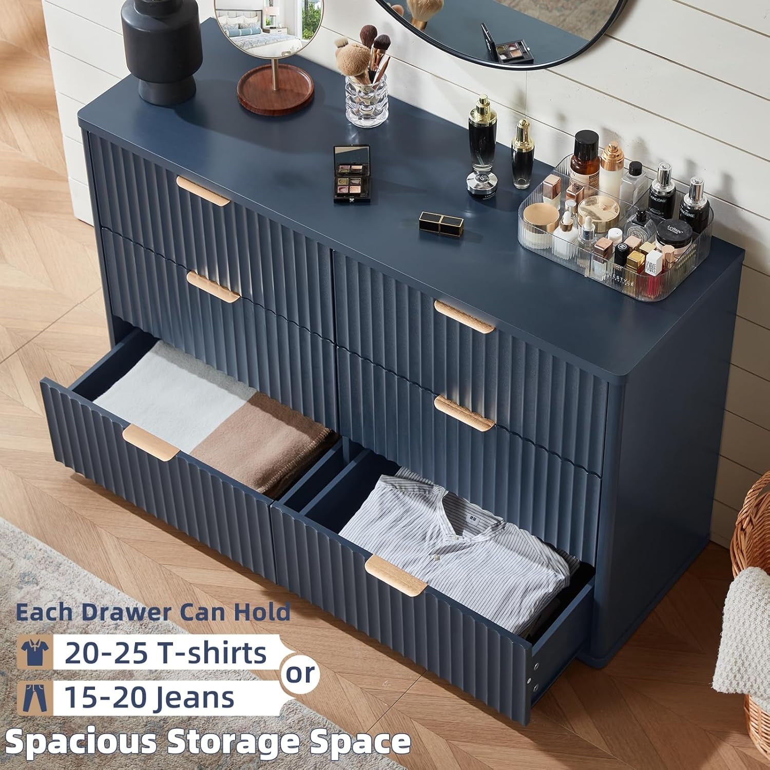 Fluted 6 Drawers Dresser for Bedroom, 48" Wide Modern Chest of Drawers with Metal Handle, Navy Blue Curved Profile Farmhouse Closet Organizer Wood Dressers TV Stand for Living Room, Hallway